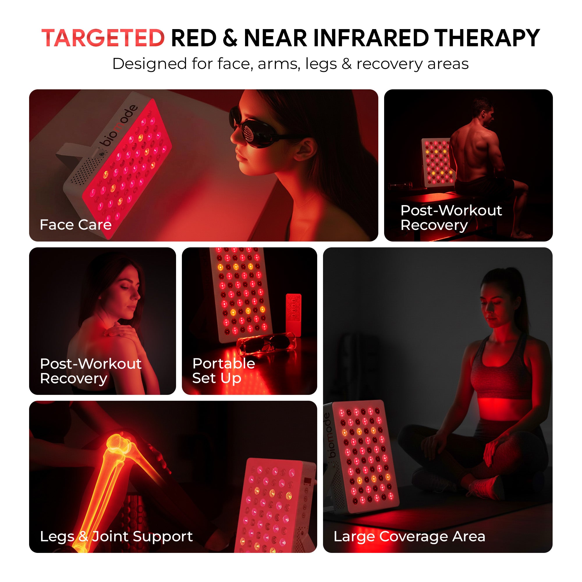 Red and near infrared therapy device with various uses including face care, post-workout recovery, and legs & joint support.