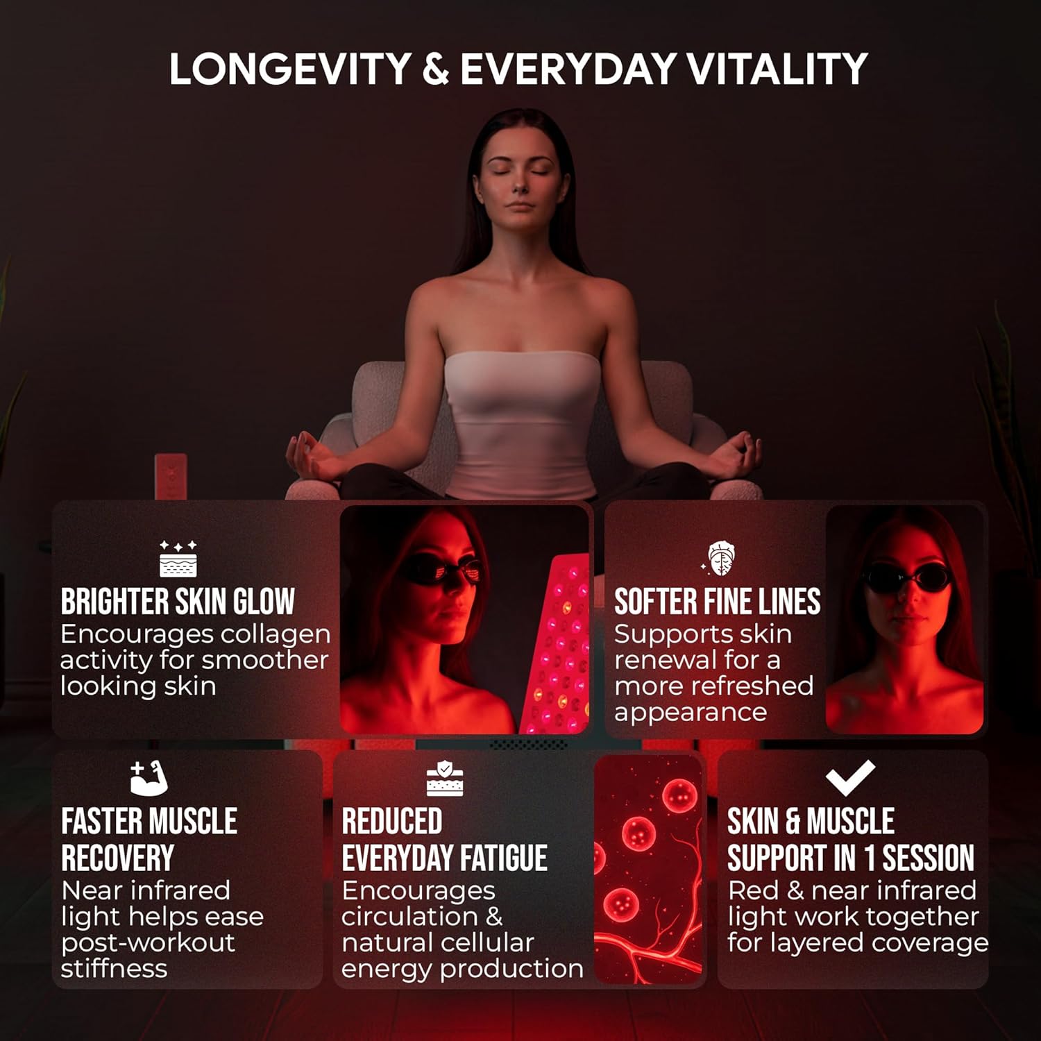 Woman meditating with red light therapy device