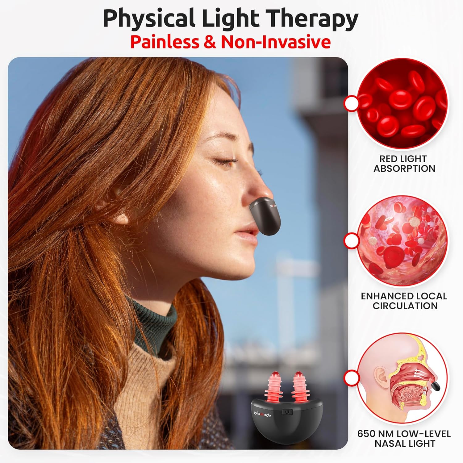 Woman using a nasal light device with illustrations of red light absorption and enhanced local circulation.