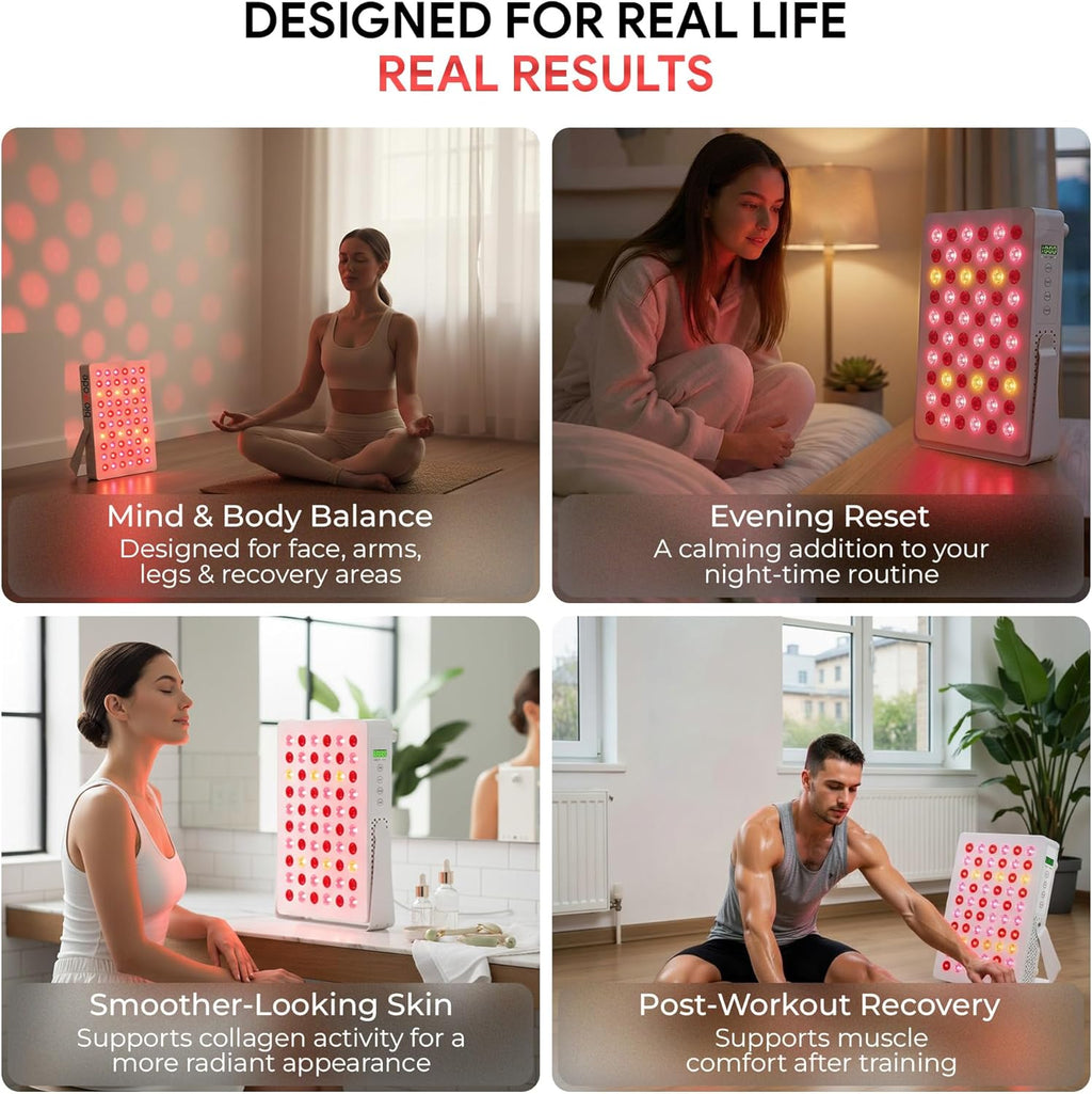 Red light panel use for mind and body balance, evening reset, smoother skin, and post-workout recovery.